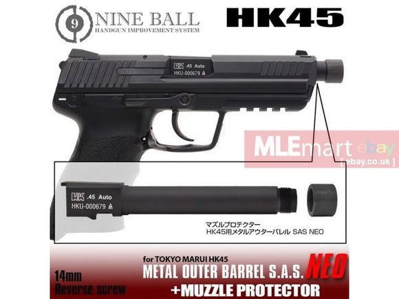 MLEmart.com - Laylax Nine Ball Metal Outer Barrel S.A.S. NEO + Muzzle Protector for Tokyo Marui HK45 GBB