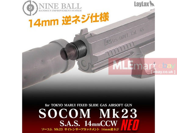 MLEmart.com - Laylax Nine Ball Silencer Adapter S.A.S Neo for Tokyo Marui Socom MK23 Fixed Slide Gas Gun (14mm CCW)